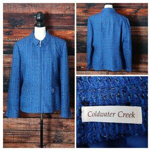 Coldwater Creek Blazer Jacket 14 Petite Full Zip Woven Tweed Royal Blue